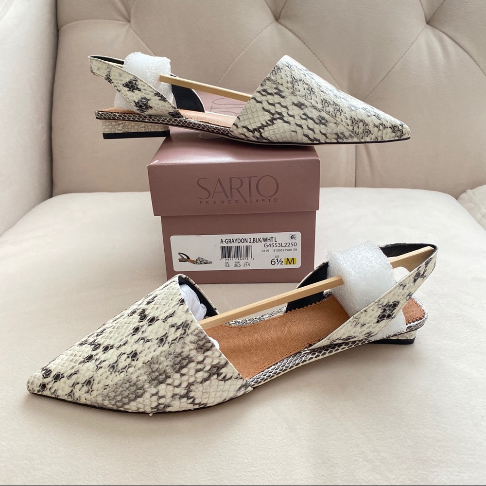 Snake Print Leather Pointy Toe Slingback Flats